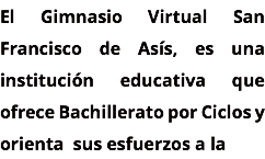 El Gimnasio Virtual San Francisco de Asís, es una institución educativa que ofrece Bachillerato por Ciclos y orienta sus esfuerzos a la